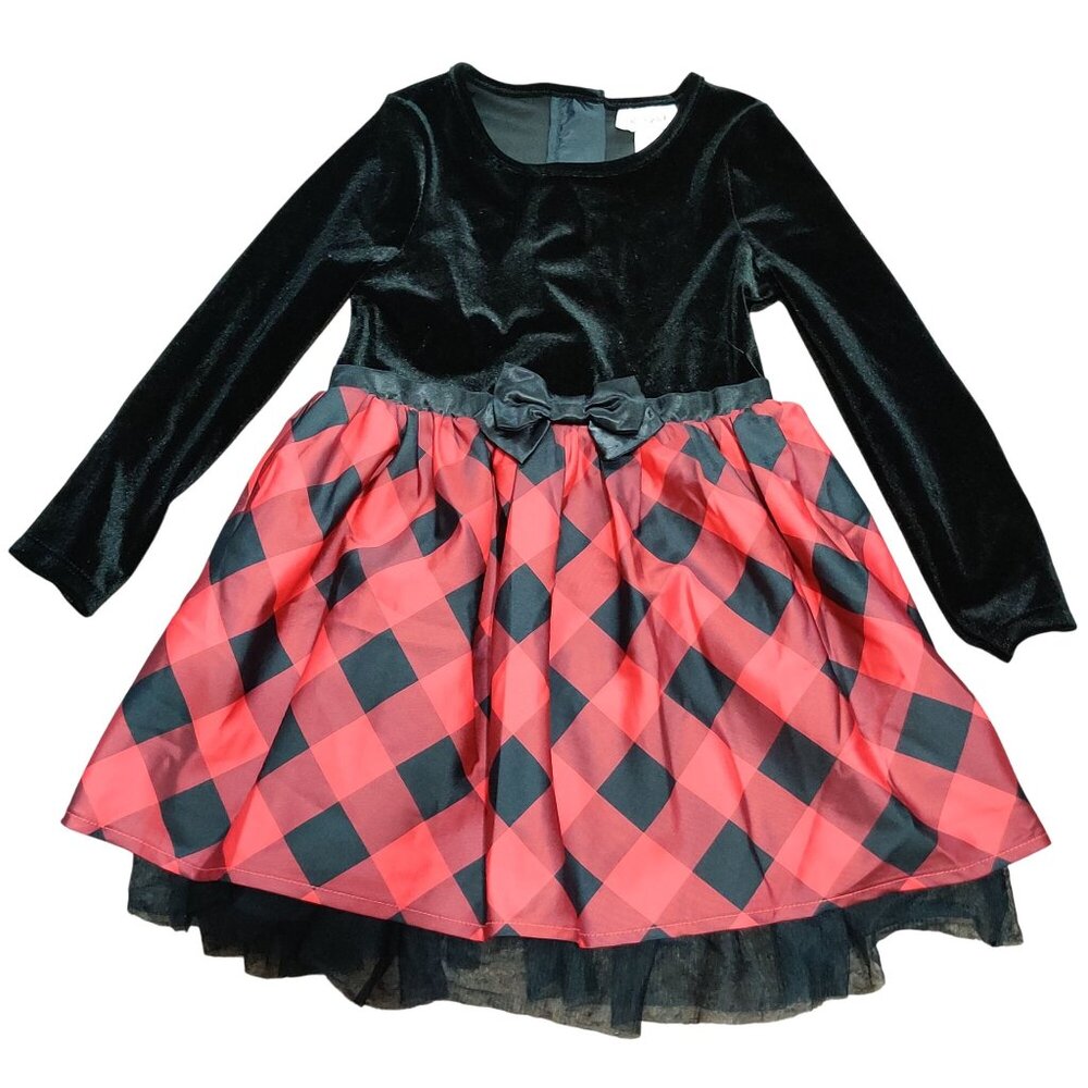 Cat Jack Girls 3T Black Velvet Red Buffalo Plaid Long Sleeve Holiday Party Dress